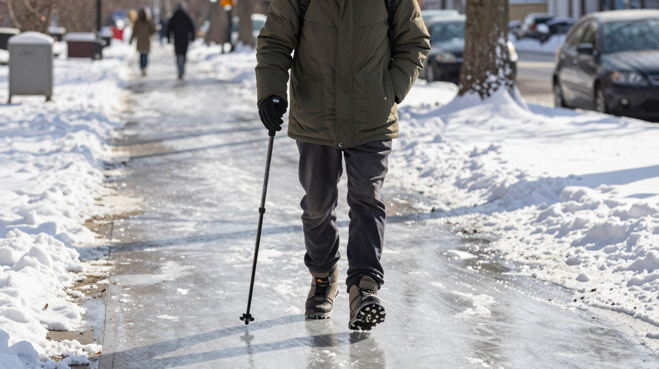 Pessoa caminhando com bengala em calçada coberta de gelo e neve em dia de inverno.