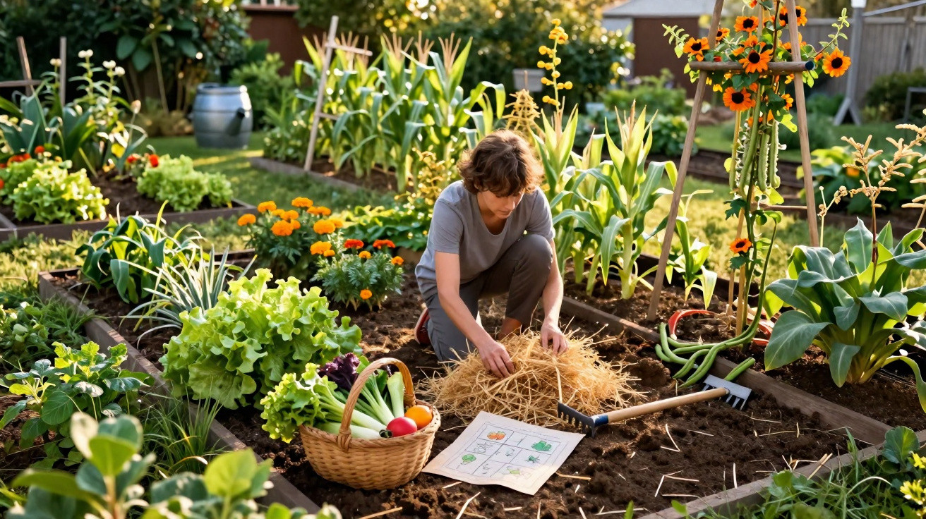 Pessoa cuidando de horta com verduras, flores e cesta de legumes em canteiros organizados.