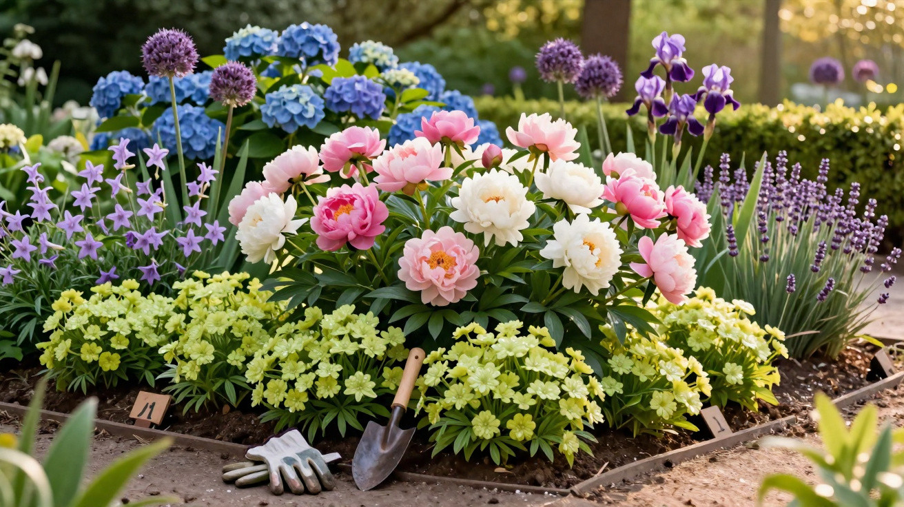 Jardim florido com peônias rosas e brancas, hortênsias azuis, lavandas e ferramentas de jardinagem no chão.