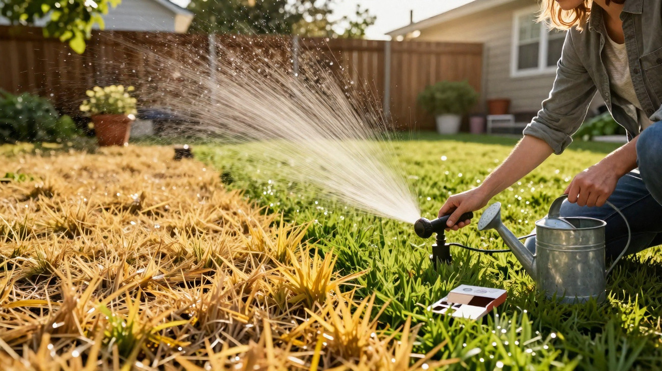 Pessoa ajusta aspersor para irrigar grama verde em jardim, com área seca visível ao lado.