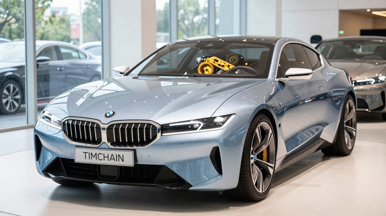 Carro BMW prata estacionado em showroom com engrenagens amarelas visíveis no painel.