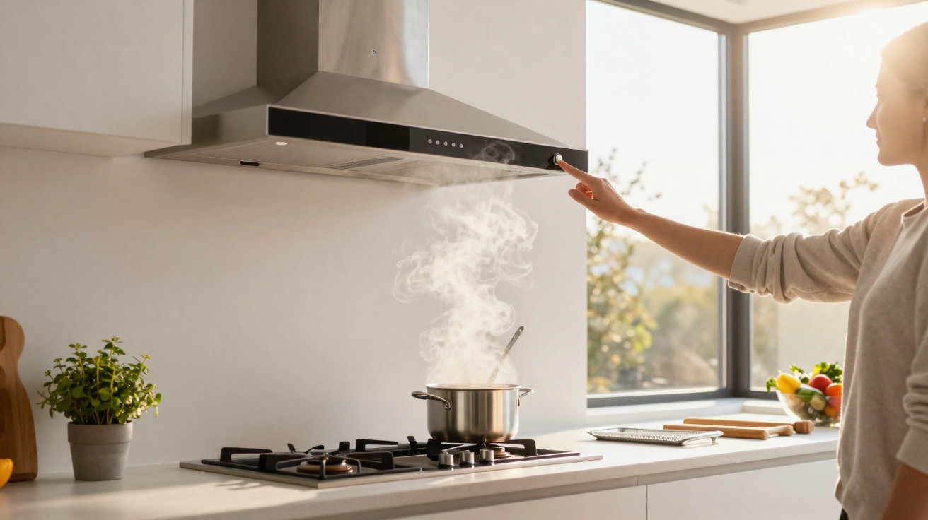 Pessoa ligando exaustor em cozinha moderna com panela soltando vapor no fogão.