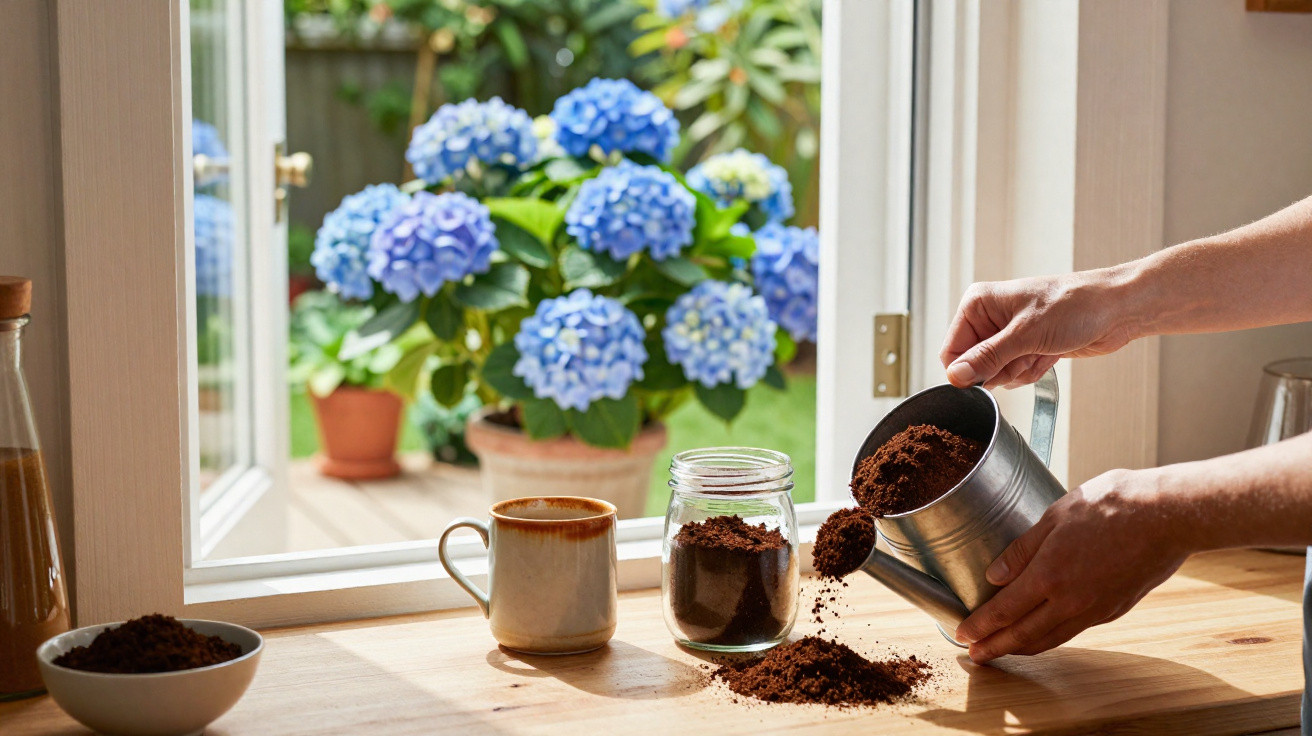 Mãos colocando pó de café na jarra em mesa próxima à janela com vaso de hortênsias azuis ao fundo.