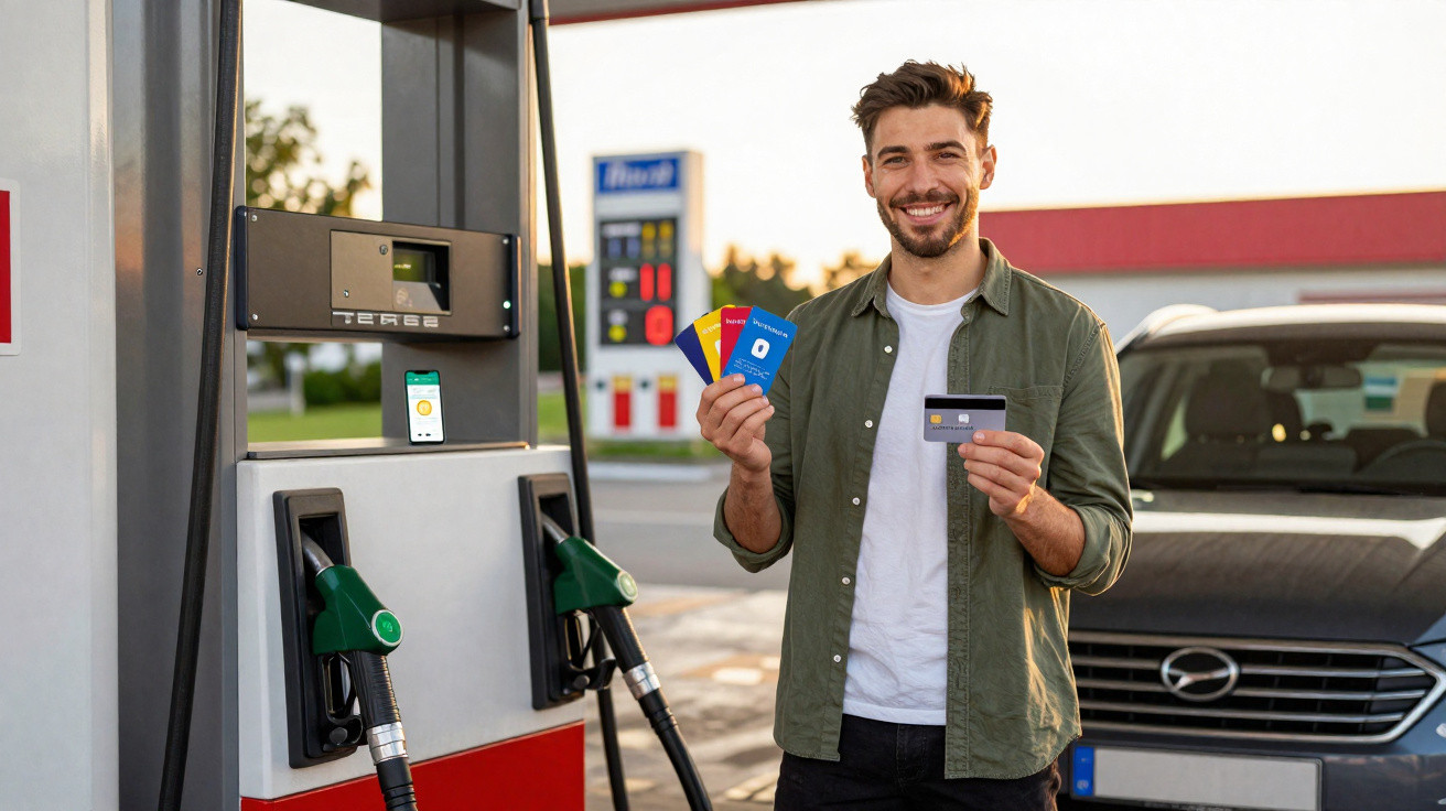 Homem sorridente segura cartões de pagamento em posto de combustível ao lado de bomba de gasolina.