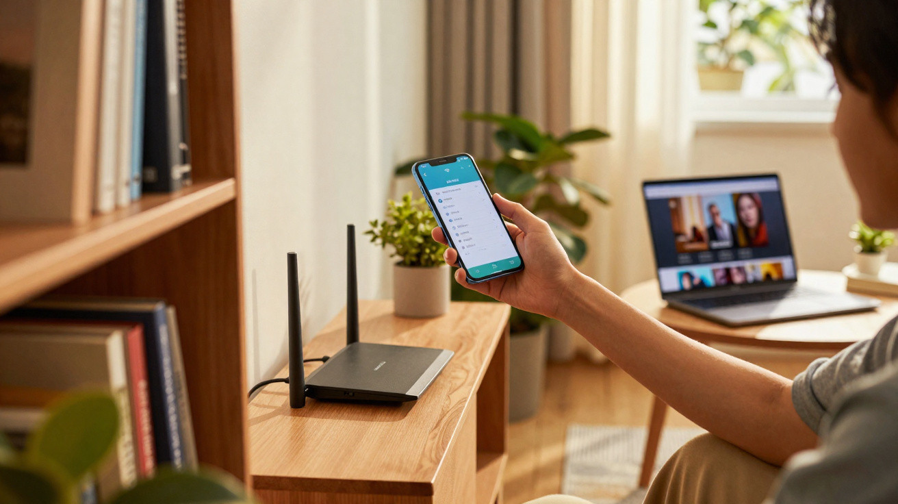 Pessoa ajustando configurações de roteador Wi-Fi via smartphone em ambiente de home office com laptop ao fundo.