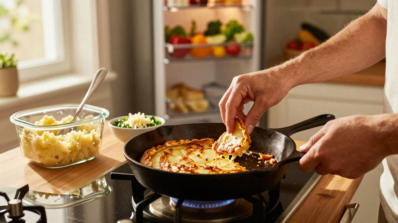 Pessoa preparando batata dourada em frigideira na cozinha com ingredientes ao fundo e forno aberto.