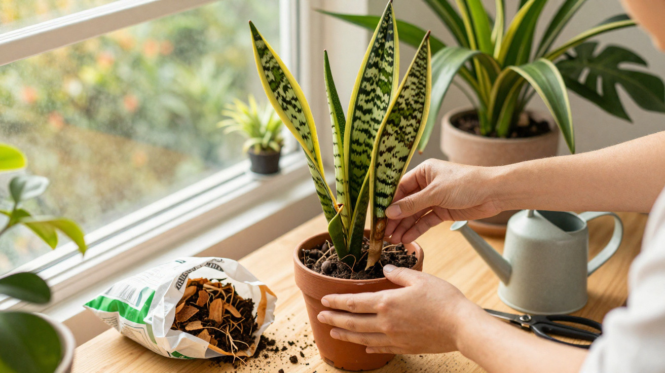 Pessoa cuidando de planta suculenta em vaso próximo a janela, com regador e terra ao redor.