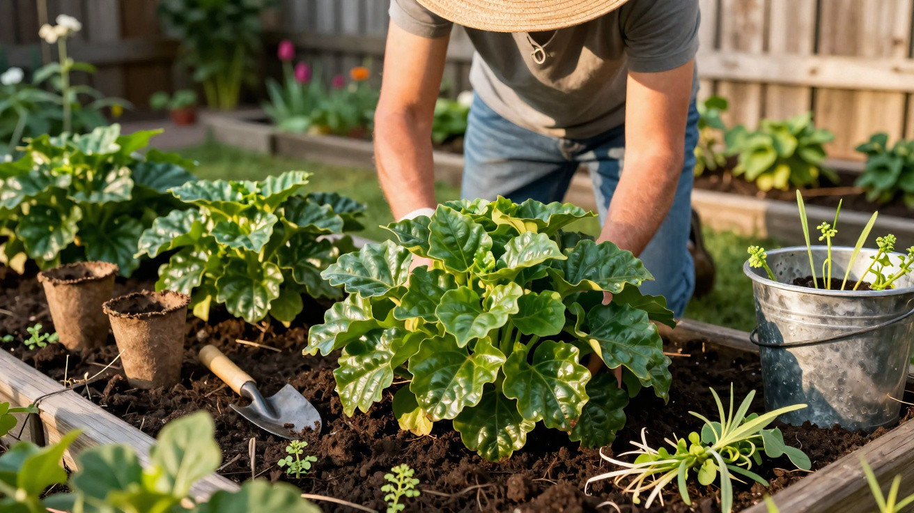 Pessoa cuidando de plantas verdes em canteiro de madeira em jardim ensolarado.