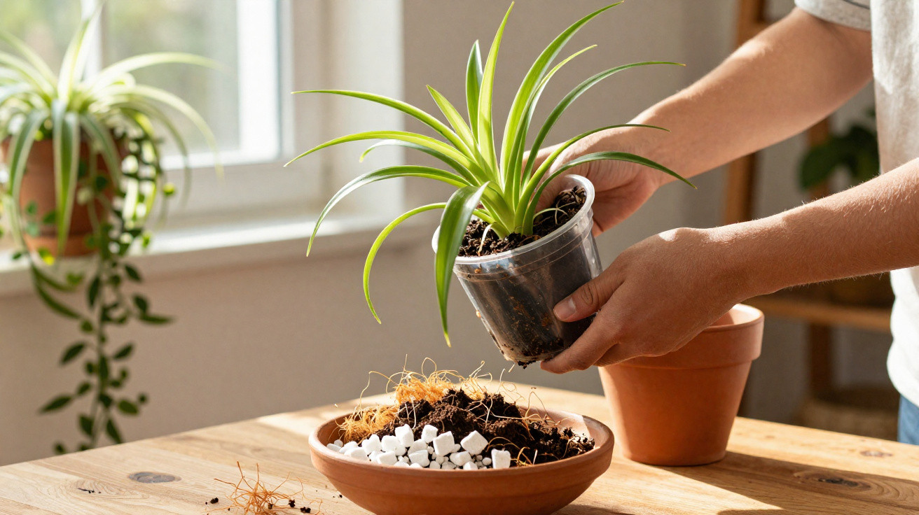 Pessoa transplantando planta em vaso de plástico para vaso maior de cerâmica em mesa de madeira perto de janela.