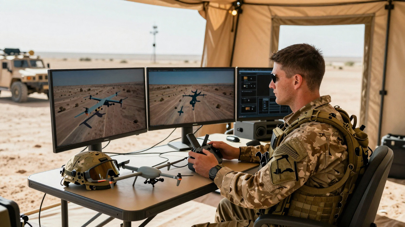 Militar operando drone em estação remota com três monitores e controle em ambiente desértico.