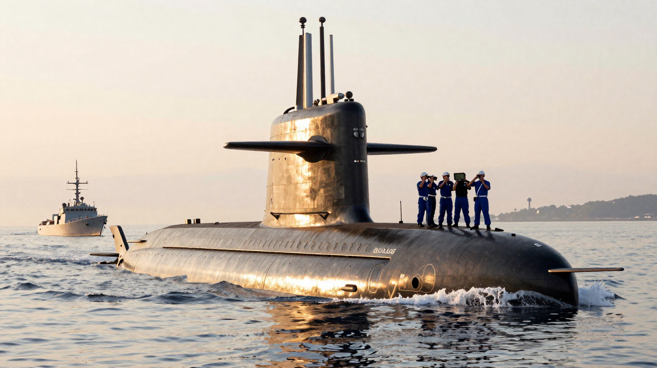 Submarino preto com cinco marinheiros na superfície e navio ao fundo em mar calmo ao entardecer.