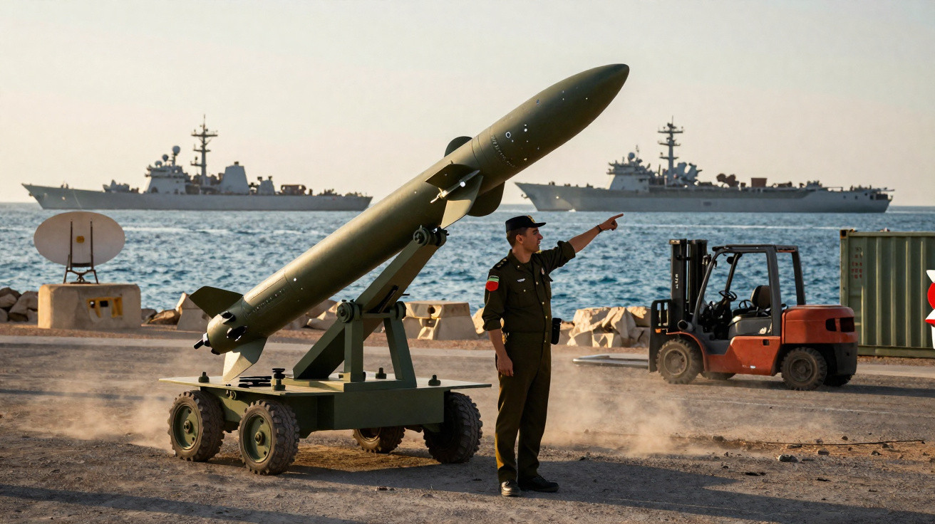 Soldado aponta próximo a lança-mísseis em área costeira com navios militares ao fundo.