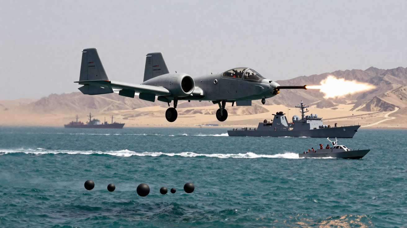 Avião militar A-10 Thunderbolt II disparando em voo baixo sobre o mar, com navios e barcos ao fundo.
