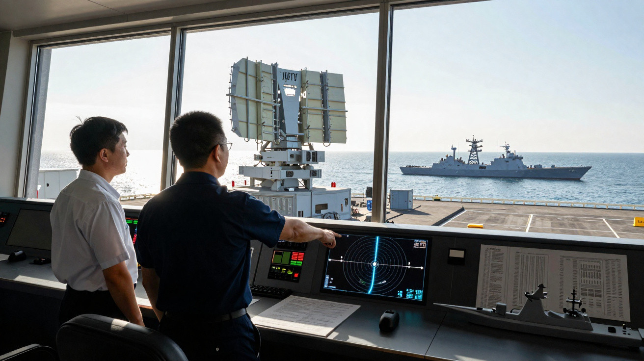 Dois homens observam radar naval em sala com vista para navio de guerra no mar.