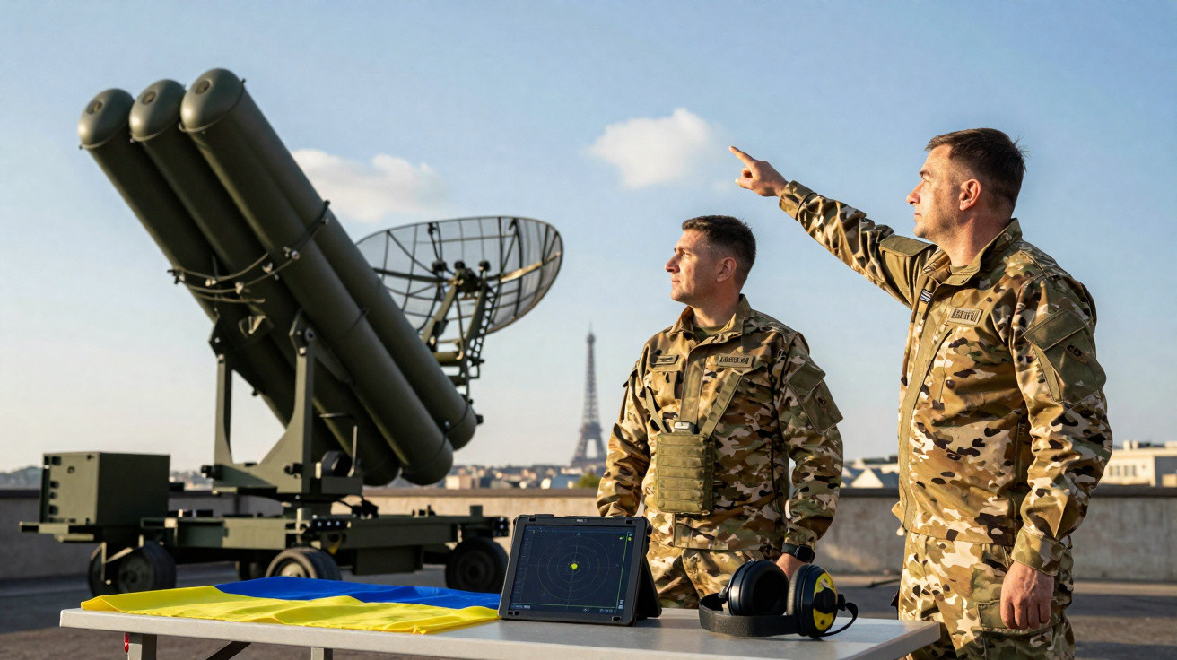 Dois soldados em uniformes camuflados observam equipamento militar com bandeira da Ucrânia e Torre Eiffel ao fundo.
