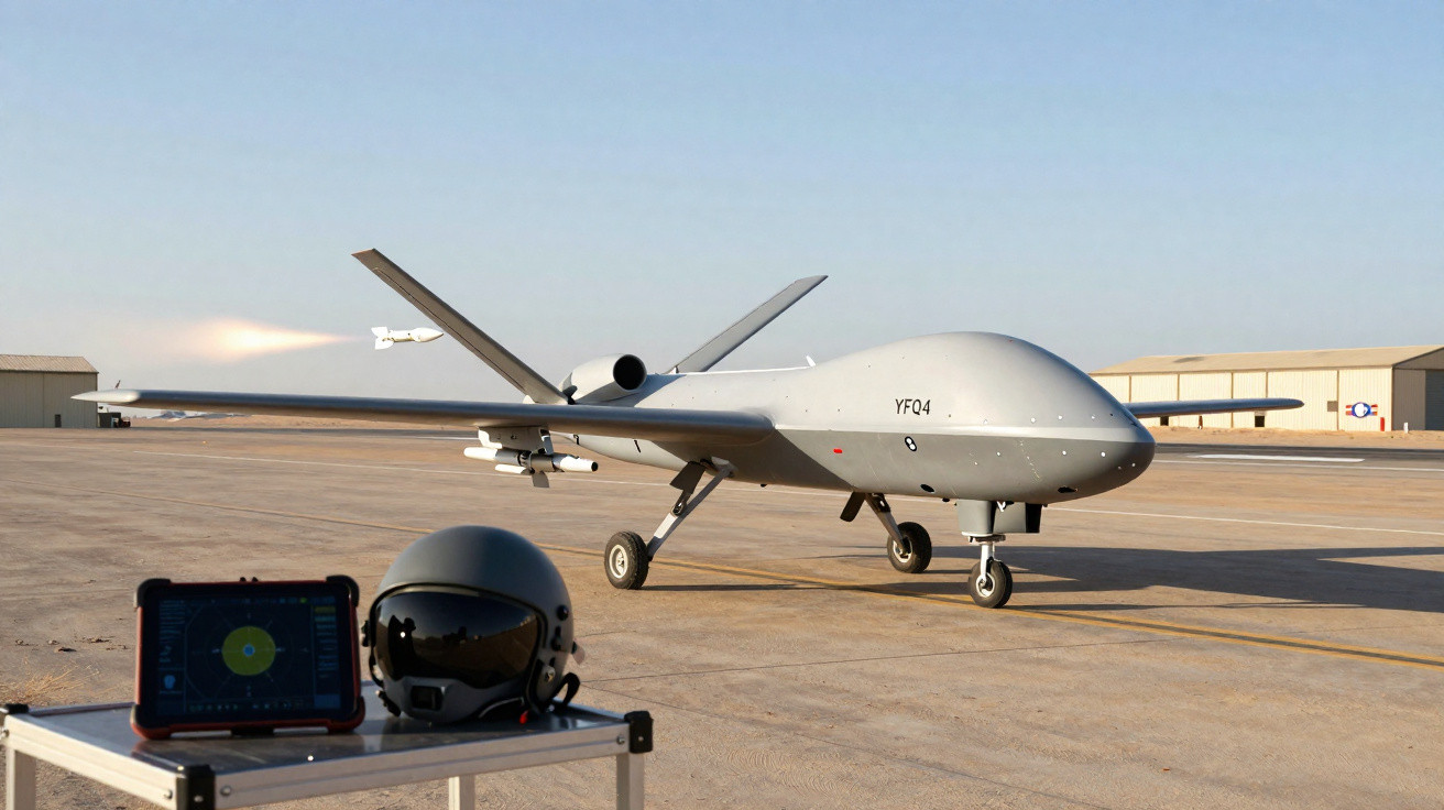 Drone militar YF04 cinza taxiando em pista de aeroporto com equipamento de controle e capacete ao lado.