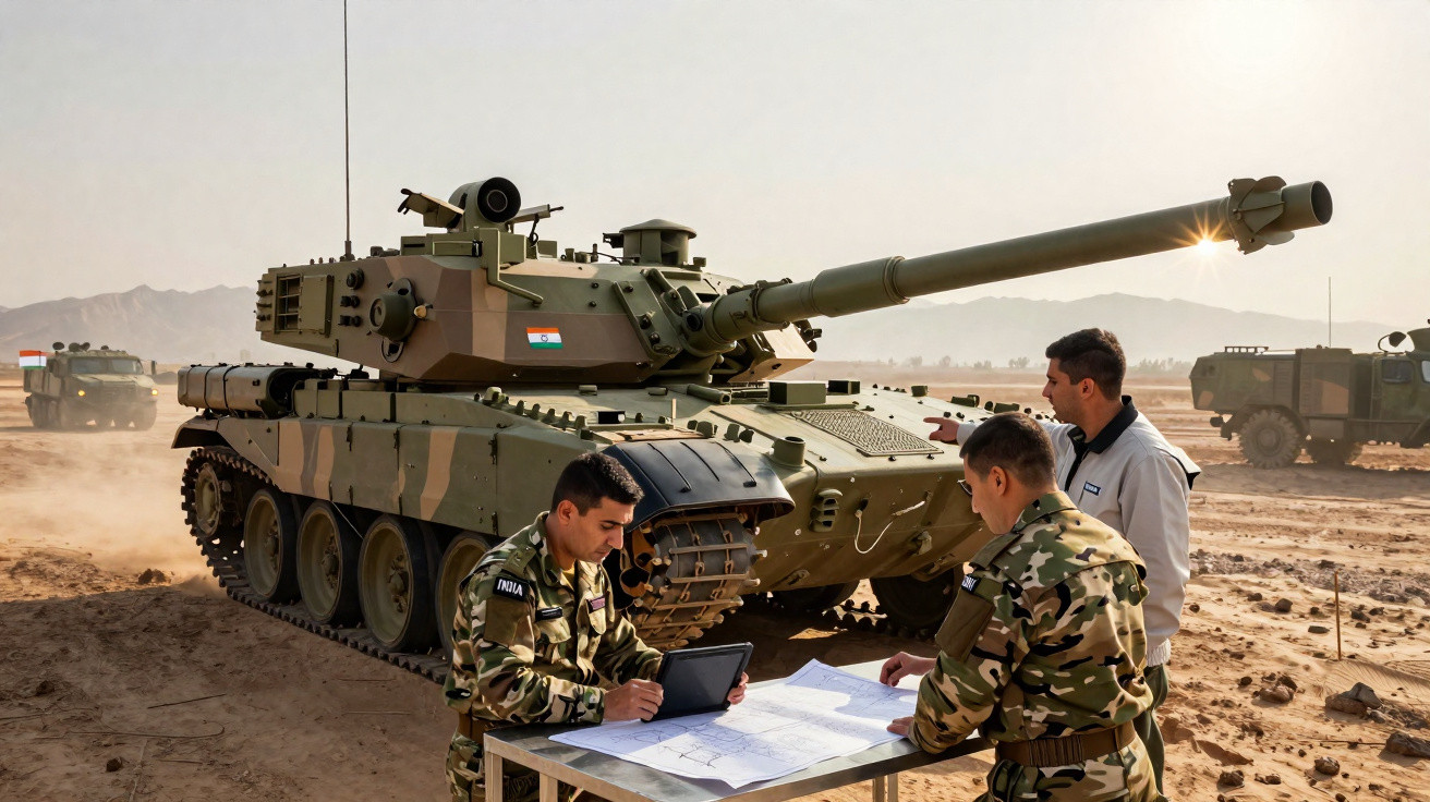 Três militares revisando mapas em mesa perto de um tanque de guerra camuflado em terreno arenoso.