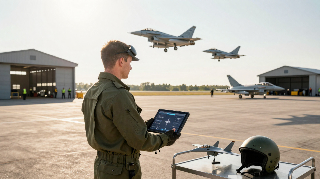 Militar controla de tablet decolagem de aviões de caça próxima a hangares em pista de aeroporto militar.