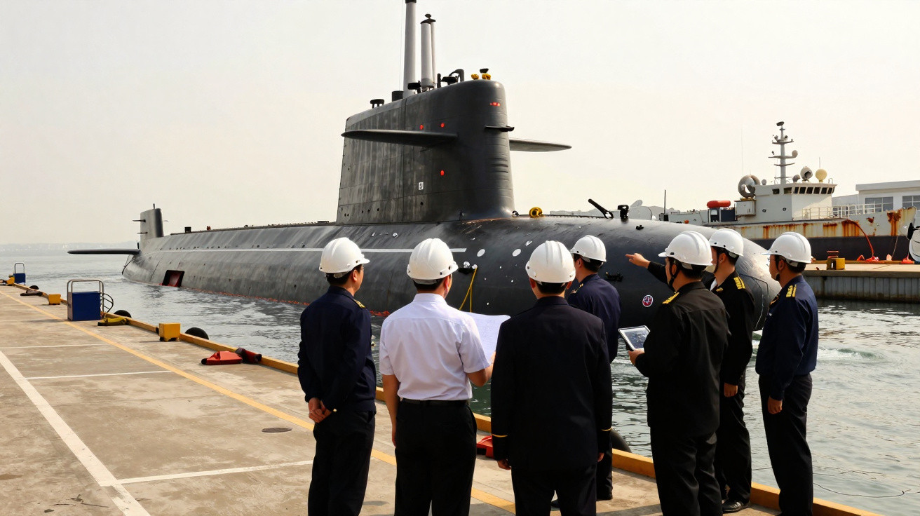 Homens de farda e capacete observam submarino preto atracado em cais, com outro navio ao fundo.