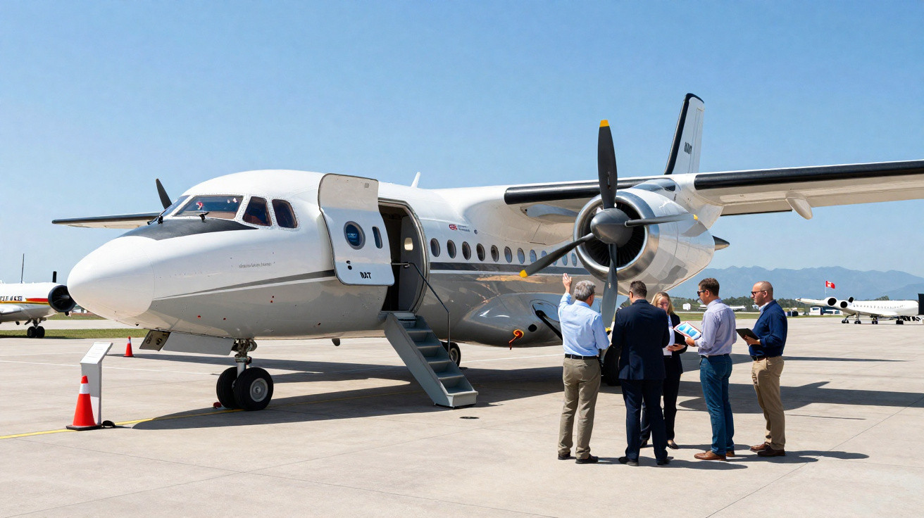 Avião bimotor parado em pista com porta aberta e cinco pessoas em pé conversando ao lado.