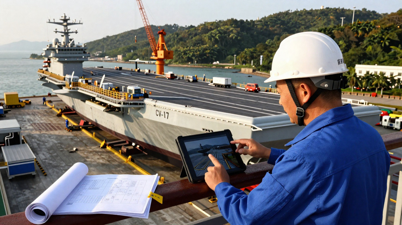Engenheiro em capacete branco usa tablet para inspecionar porta-aviões em doca seca, com planta baixa ao lado.