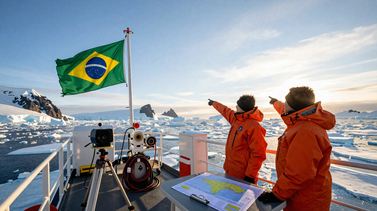Duas pessoas com jaquetas laranjas a bordo de navio na Antártida com bandeira do Brasil e gelo ao fundo.