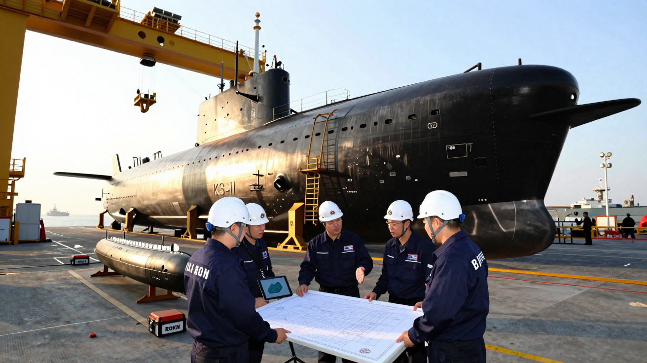 Cinco engenheiros em capacetes brancos analisam planta baixa próxima a submarino preto em doca.