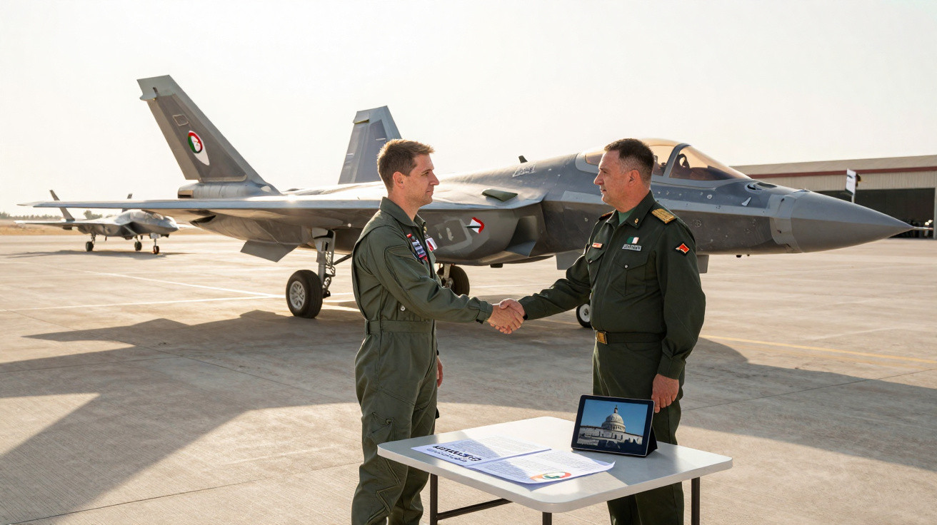 Dois militares apertando as mãos em frente a um caça F-35 em um aeródromo ensolarado.