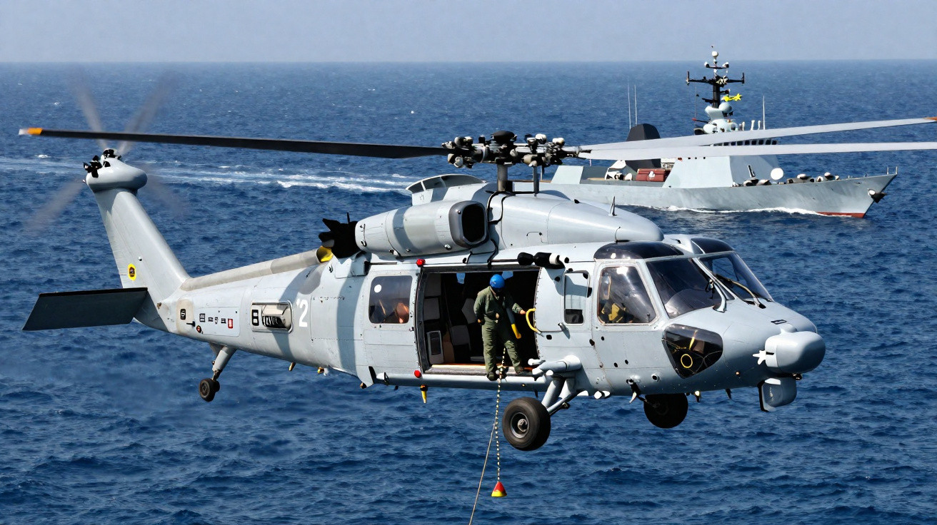 Helicóptero militar pairando sobre o mar com navio de guerra ao fundo em operação naval.