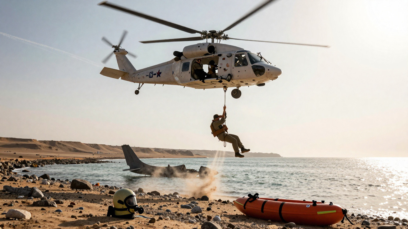 Helicóptero de resgate sobrevoando praia com pessoa sendo içada por corda e bote inflável laranja na areia.