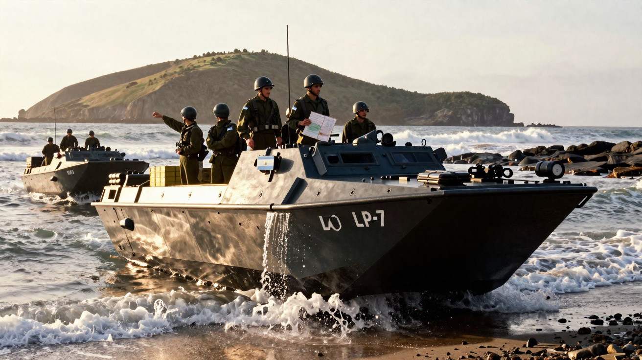 Soldados em uniforme militar em bote de patrulha naval próximo à costa com ilha ao fundo.
