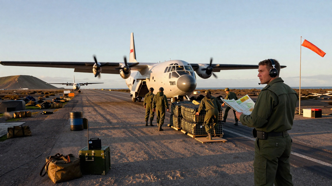 Soldados militares carregam suprimentos em avião de transporte em pista de terra ao entardecer.