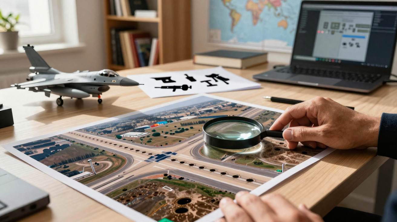 Pessoa usando lupa para analisar mapa de cruzamento rodoviário sobre mesa com maquete de avião militar e laptop.