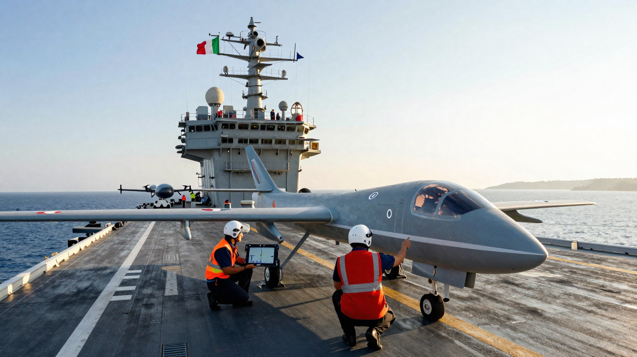 Duas pessoas com coletes laranja inspecionam drone militar cinza sobre convés de navio ao pôr do sol.