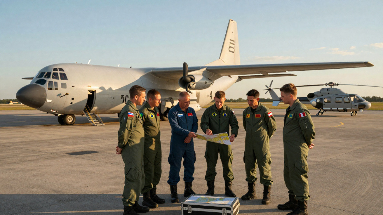 Seis militares em uniforme discutem mapa na pista de aeroporto com avião e helicóptero ao fundo.