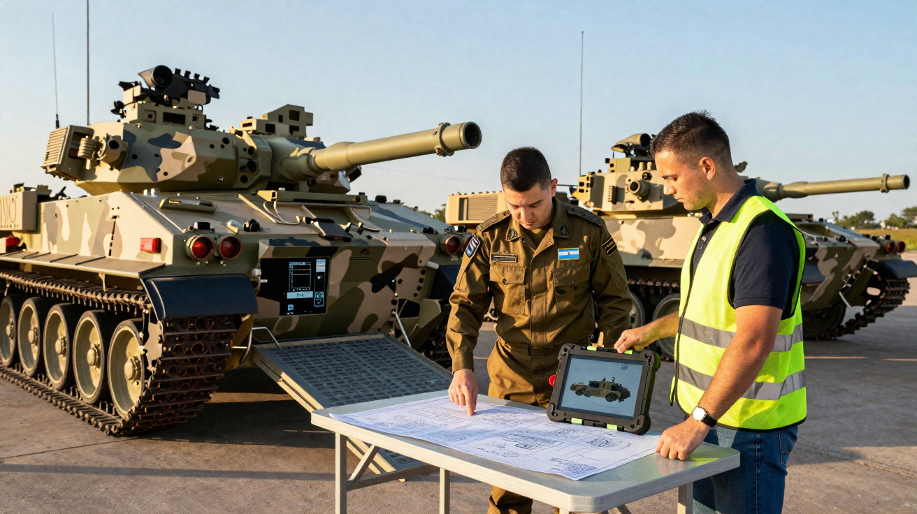 Dois homens revisam plantas em mesa à frente de dois tanques de guerra camuflados ao ar livre.