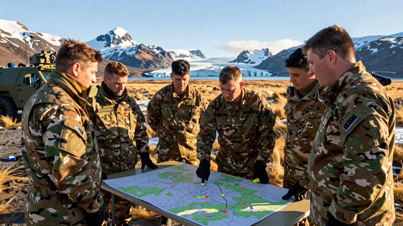 Seis soldados em uniformes camuflados analisam um mapa sobre mesa em campo aberto com montanhas e neve ao fundo.