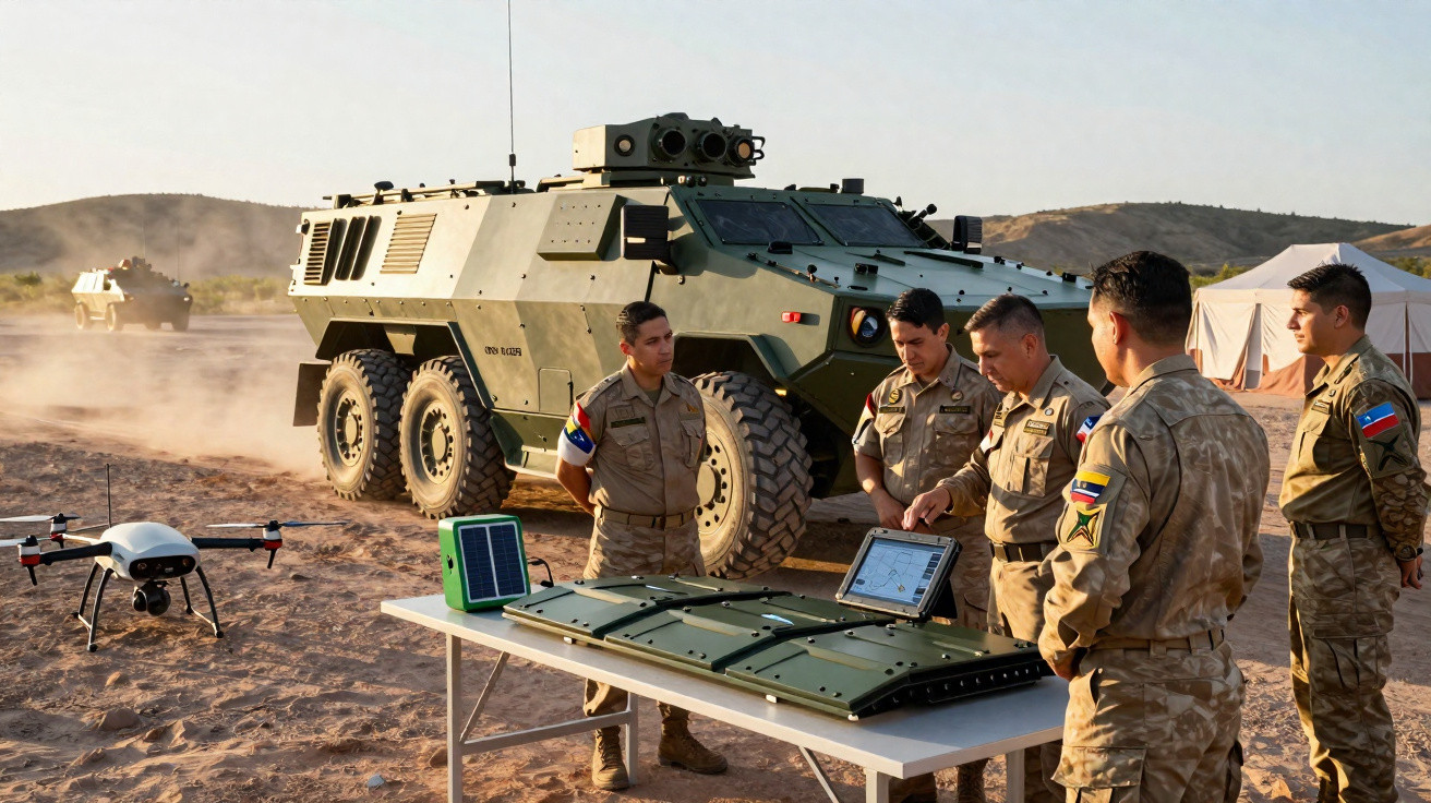 Cinco soldados em uniformes camuflados ao redor de mesa com equipamento militar e blindado ao fundo em área desértica.