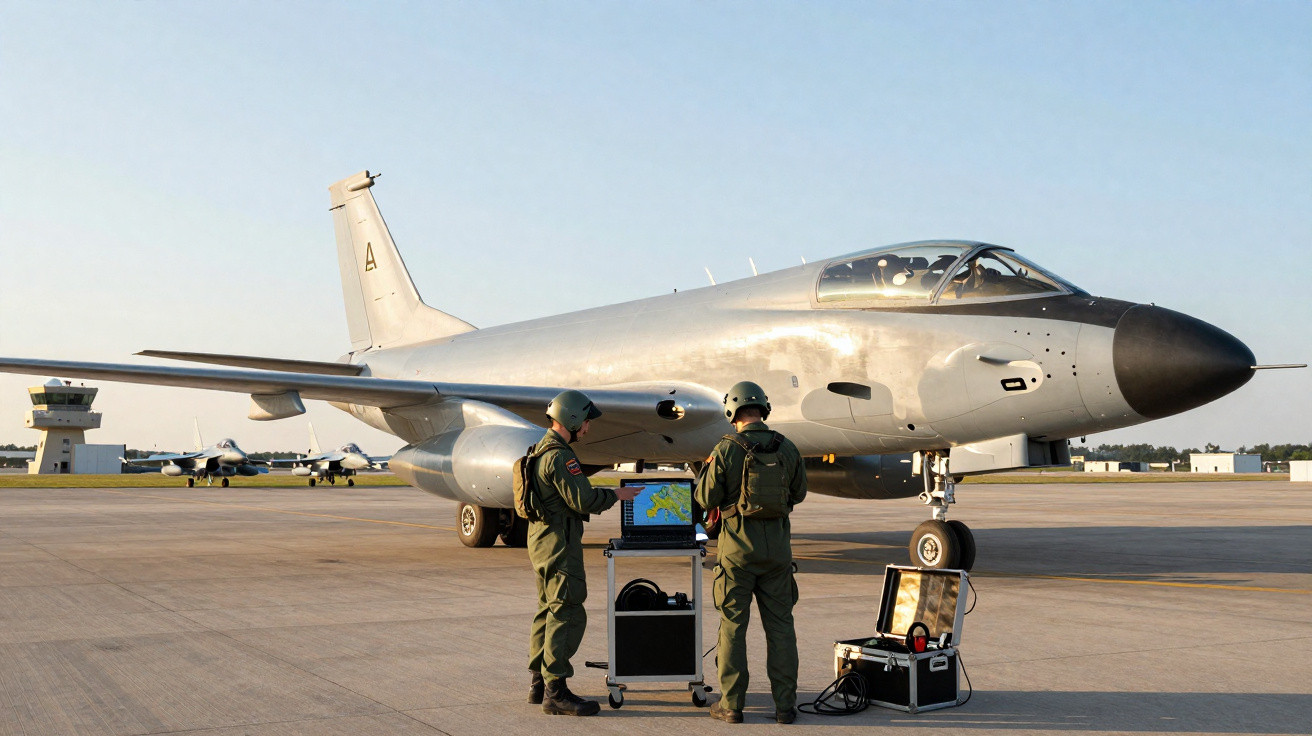 Dois militares em uniforme trabalham com equipamentos eletrônicos ao lado de um avião militar prateado em solo.