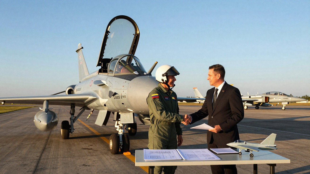 Piloto militar e homem de terno apertam as mãos em pista com avião de caça e maquete sobre mesa.