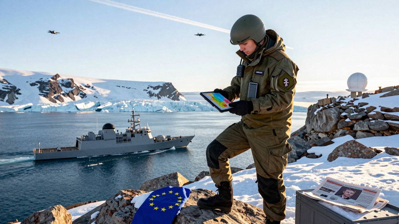 Soldado em roupas militares na neve usando tablet, com navio, aviões e bandeira da UE ao fundo.