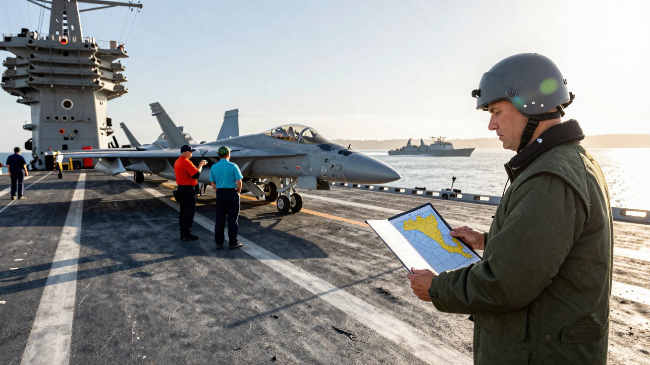Homem com capacete e mapa na mão em porta-aviões próximo a avião militar e tripulantes no convés.