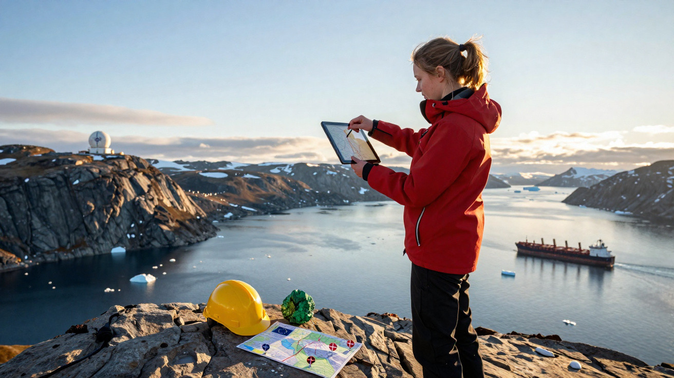 Mulher com jaqueta vermelha usando tablet em penhasco com mapa e capacete amarelo, navio e montanhas ao fundo.