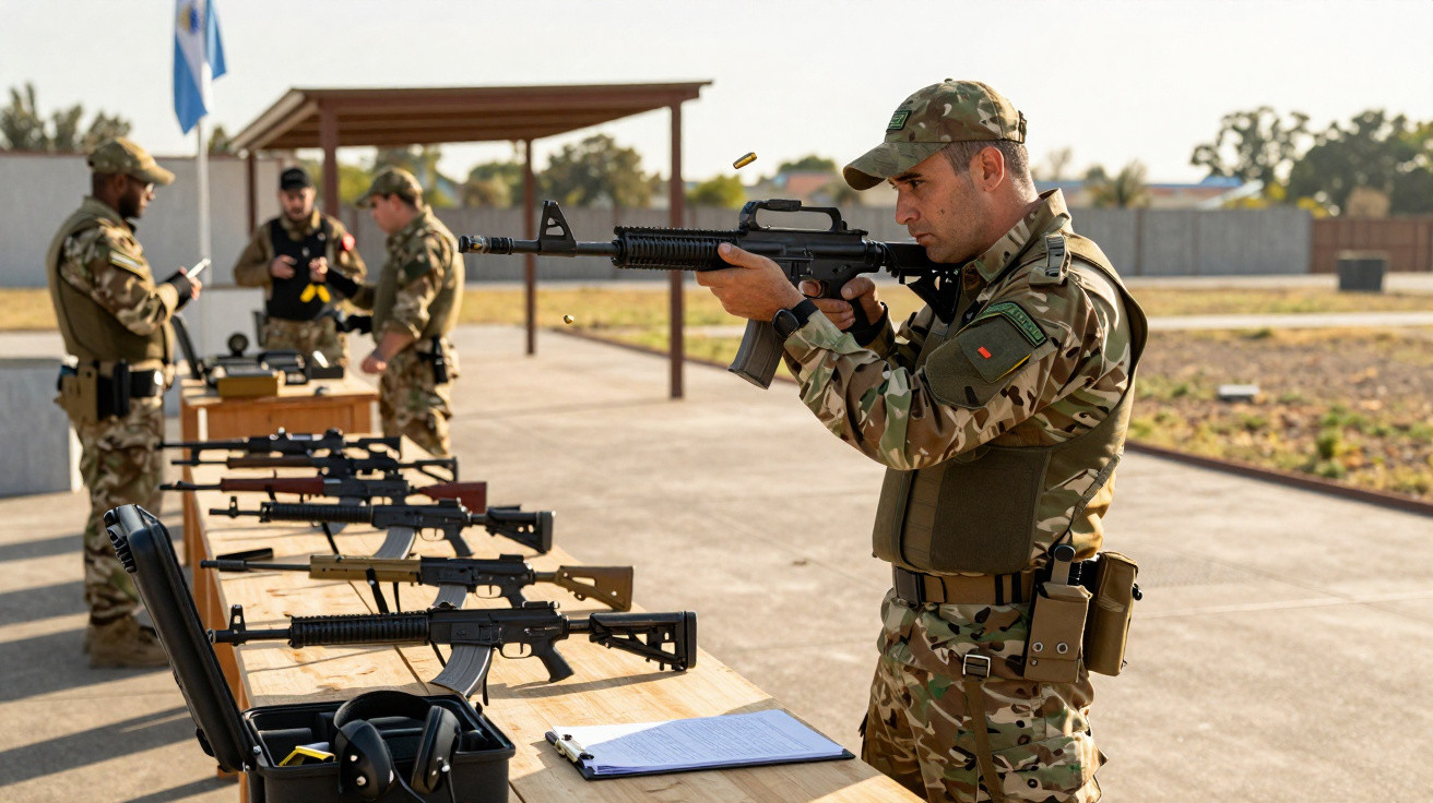 Militar em uniforme camuflado dispara rifle em estande de tiros com armas sobre mesa ao fundo.