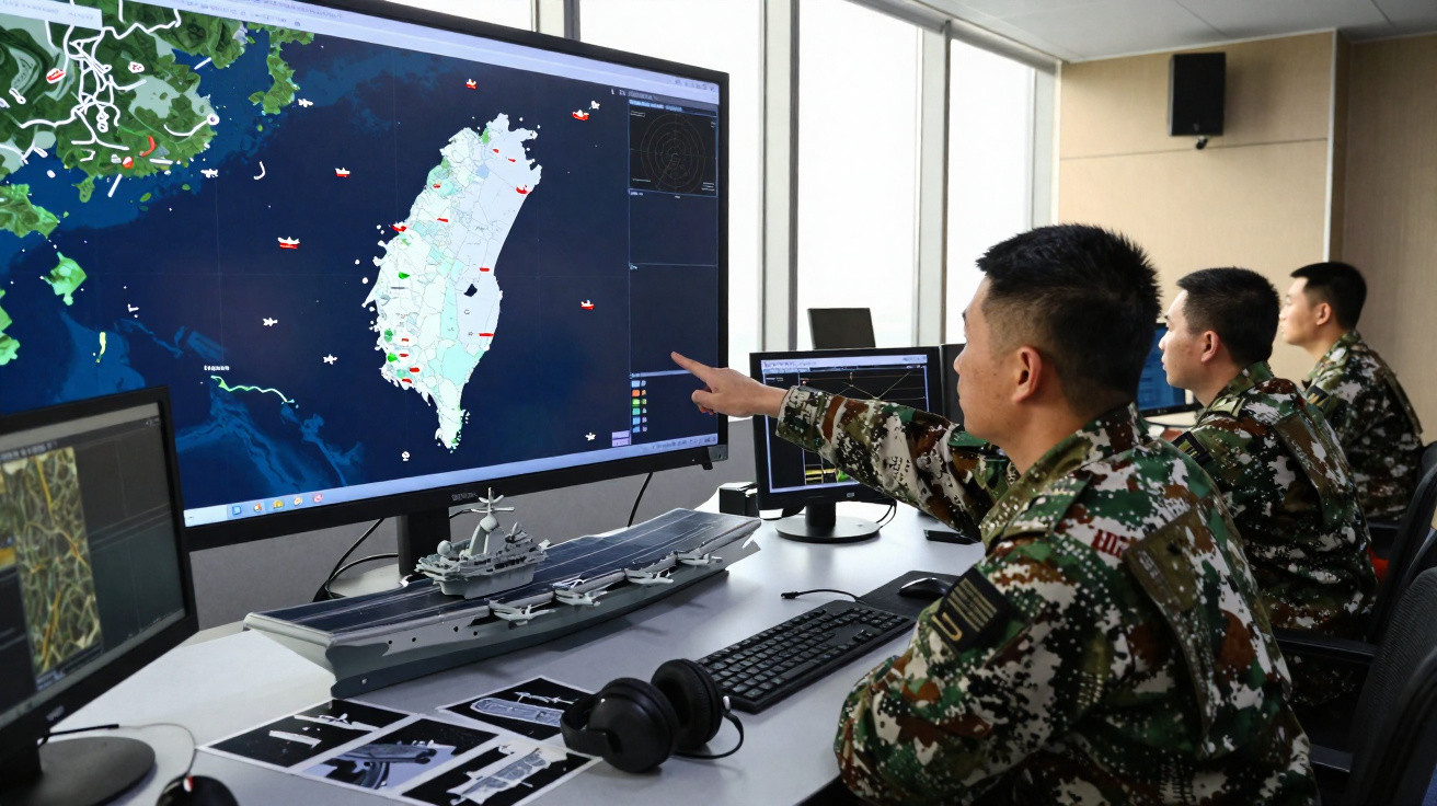 Militares em uniforme camuflado observam tela com mapa digital de Taiwan e modelinho de porta-aviões em mesa.