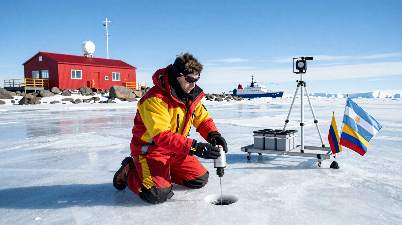 Pesquisador em traje térmico coleta amostra de gelo em estação polar com bandeiras da Colômbia e Argentina.
