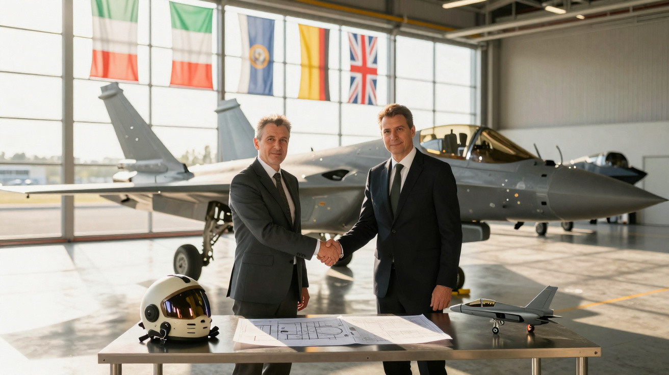 Dois homens de terno apertam as mãos diante de um caça em hangar, com capacete, maquete e projeto na mesa.