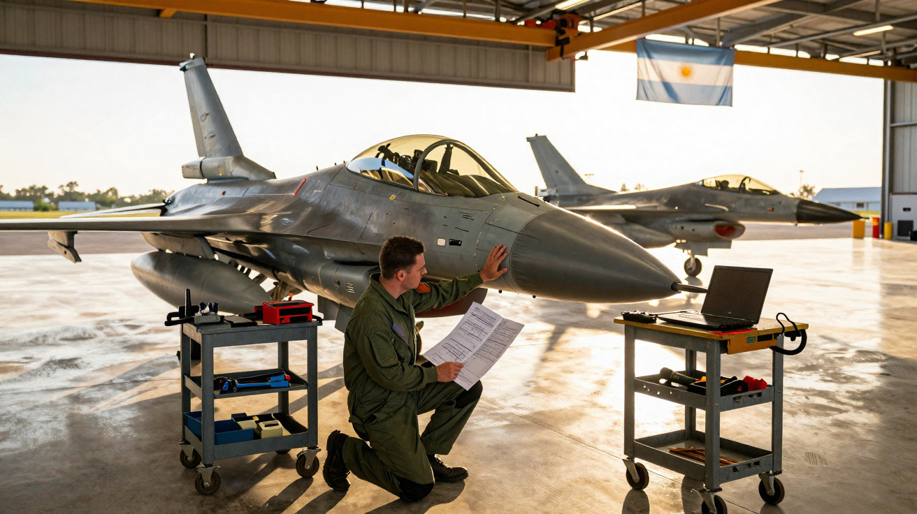 Técnico em uniforme verde inspeciona caça militar cinza em hangar com bandeira da Argentina ao fundo.