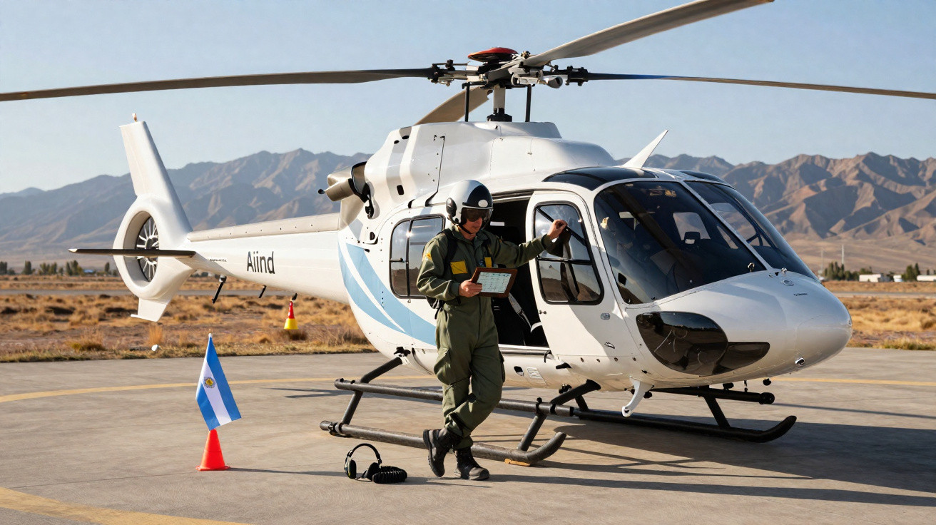 Helicóptero branco estacionado em pista com piloto em uniforme verde e capacete, ao lado da bandeira da Argentina.