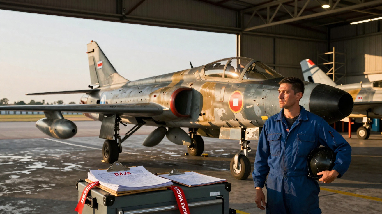 Piloto uniformizado segurando capacete ao lado de jato militar camuflado em hangar ao entardecer.